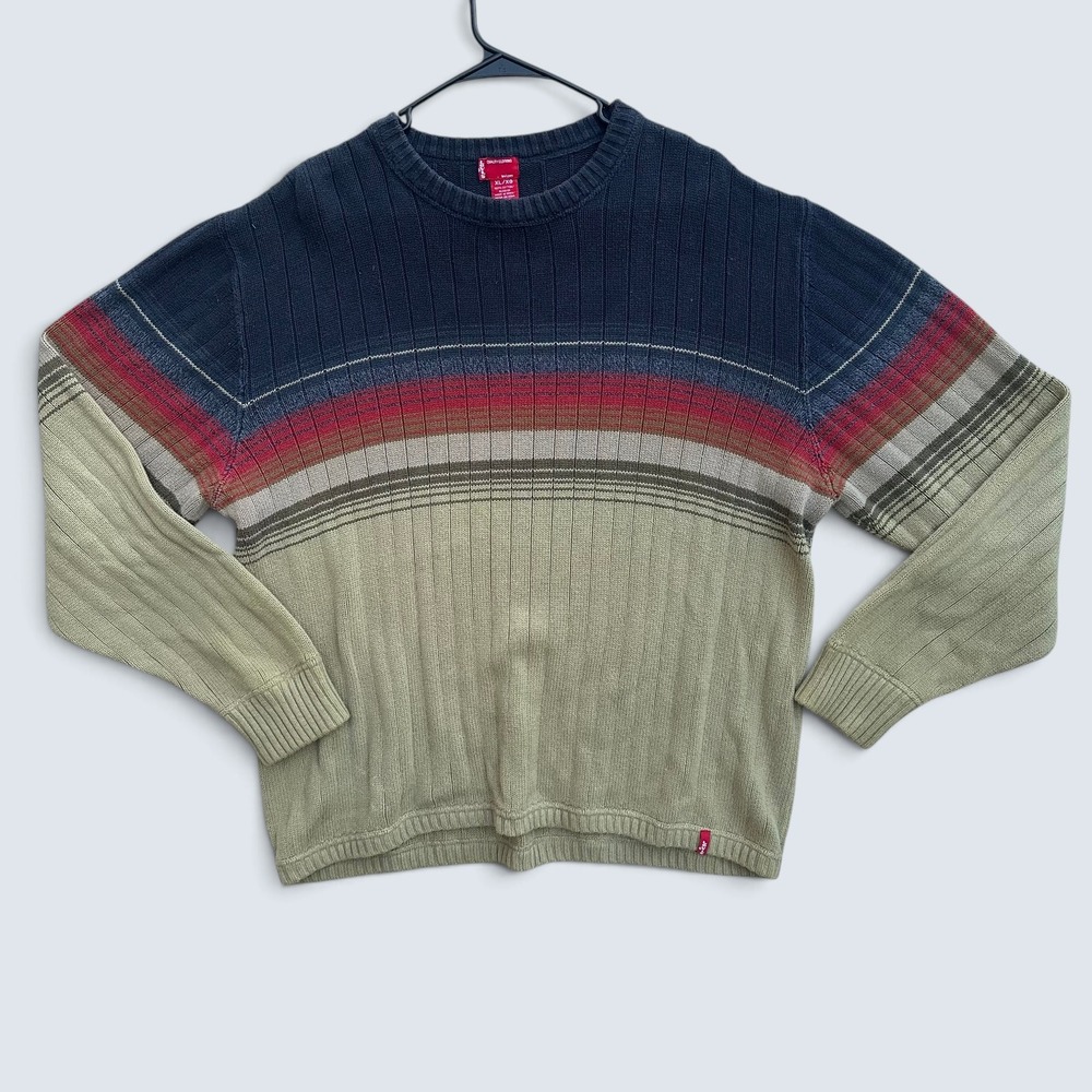 Vintage Y2K Levi's Sweater Mens XL Navy Green Red Striped Cotton Knit
